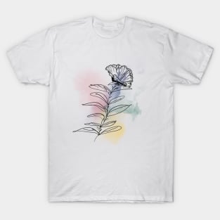 Black line abstract flower on Watercolour background T-Shirt